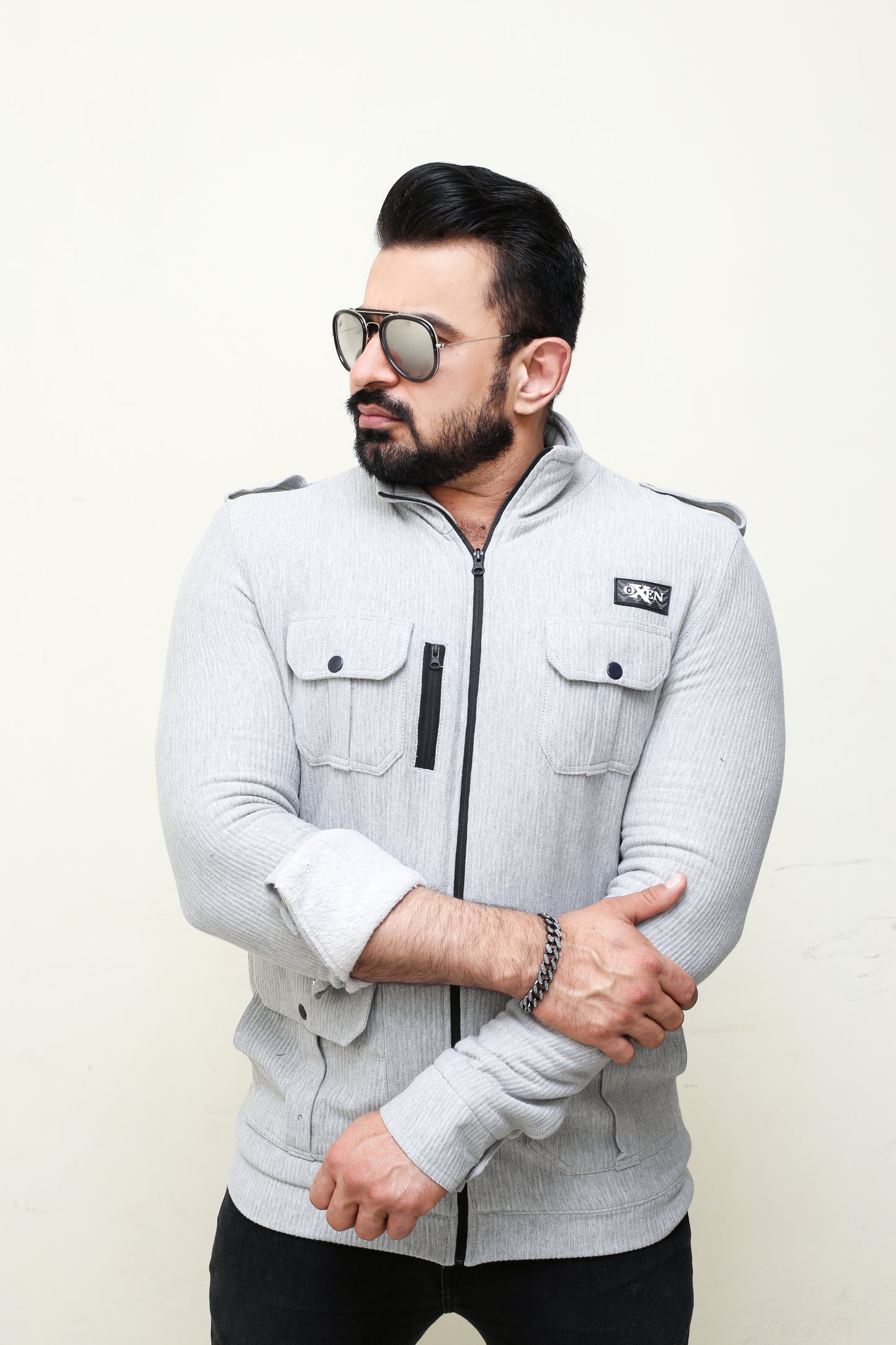 Premium Four Pocket Full Sleeve striped Grey Jacket #10