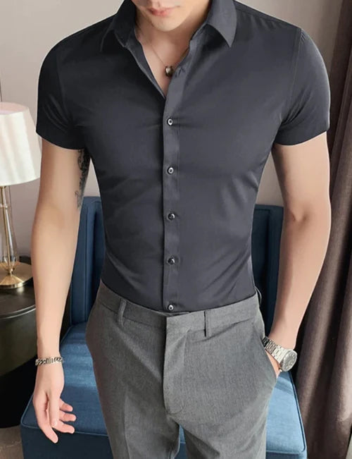 Oxen Nexoluce Super Stretchy Slim Fit Half Sleeve Lycra Casual Shirt For Men-Dark Slate Grey-SW#05