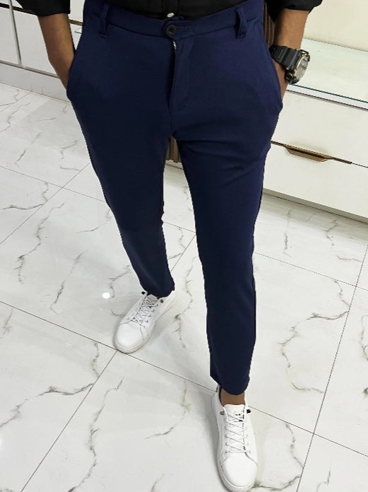 Oxen Super Stretchy Slim Fit Lycra Pent For Men-Navy Blue-LOC#0PE011