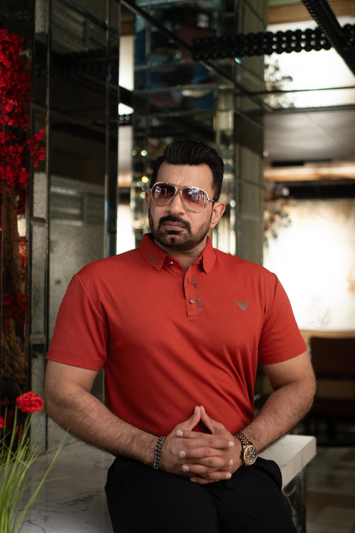 ITALIAN TEXTURED STITCHLESS POLO SHIRT LVPS-011 CARROT RED