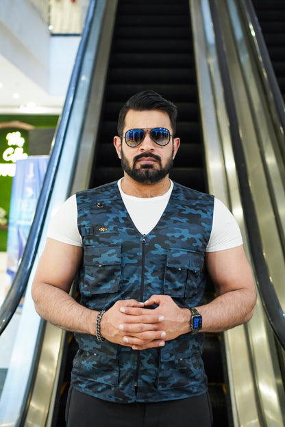 Premium Italian Textured fabrics Blue Camouflage  Sidu Four Pocket Jacket SDJkt-20