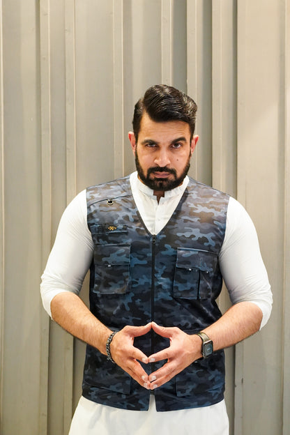 Premium Italian Textured fabrics Blue Camouflage  Sidu Four Pocket Jacket SDJkt-20