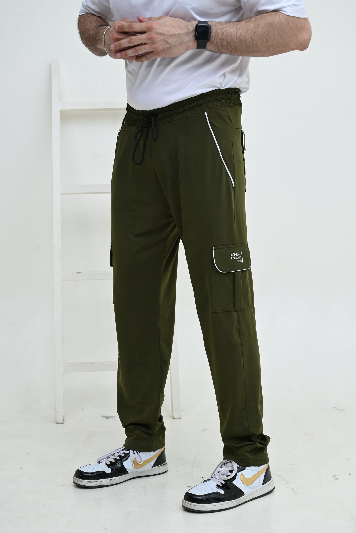 Men's 4 way Stretch-able Lycra six Pocket Cargo Trouser Army Green -OXT#082