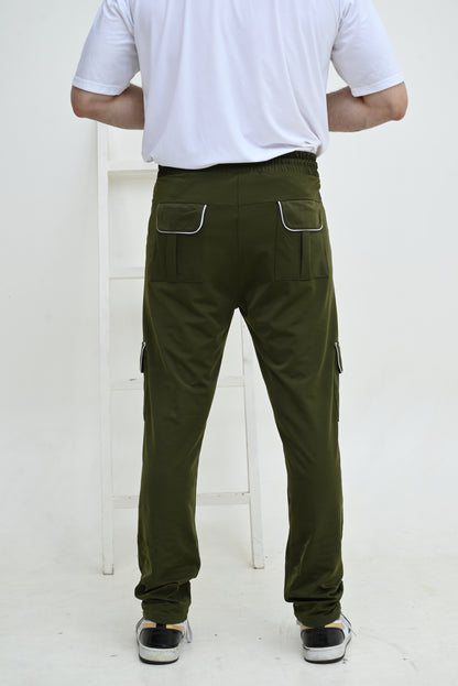 Men's 4 way Stretch-able Lycra six Pocket Cargo Trouser Army Green -OXT#082