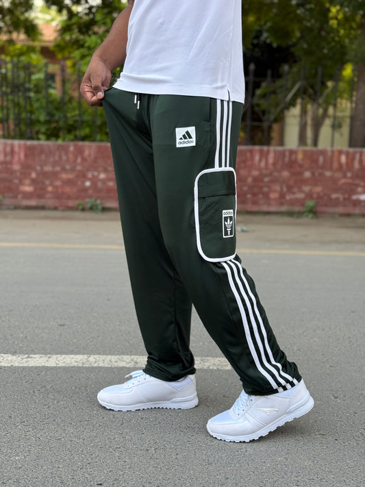 Premium Green Three Tapes Men's 4 way Stretch-able Lycra Oval Pocket Cargo Trousers