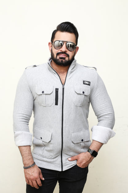 Premium Four Pocket Full Sleeve  striped Grey  Jacket #10