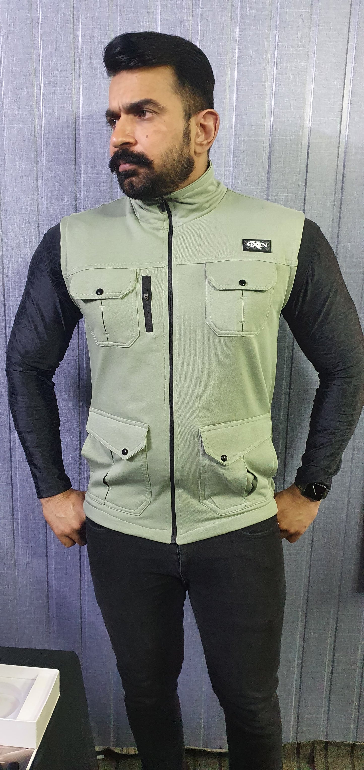 Premium Cotton Fleece Four Pocket sleeveless Jacket Pistachio 15