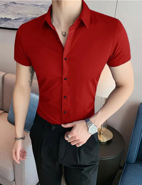 Oxen Nexoluce Super Stretchy Slim Fit Half Sleeve Lycra Casual Shirt For Men-Red-SW#06